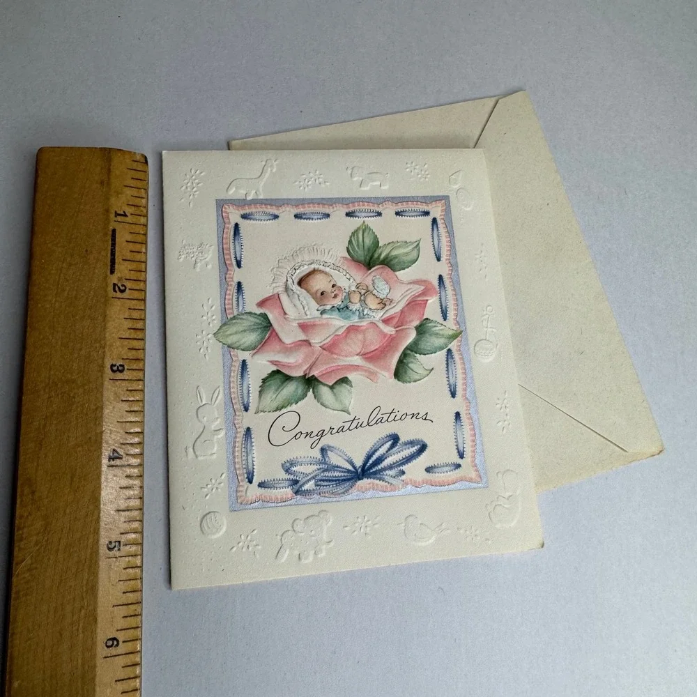 Vintage Baby Congratulations Greeting Card Embossed Rose Newborn 708C USA Unused